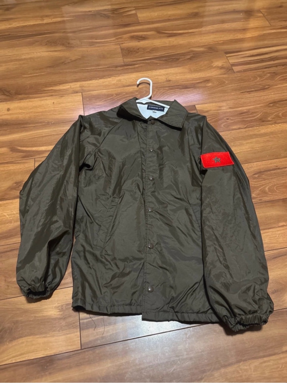 Olive Lightweight Coach Jacket with Red Arm Patch